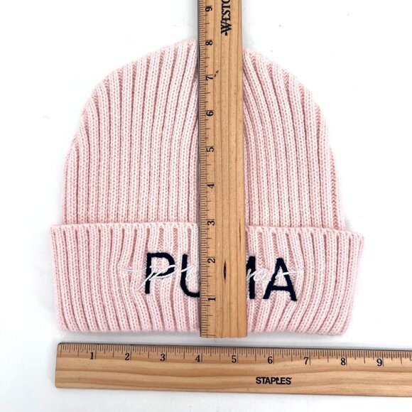 Puma Pink Ribbed Knit Beanie Hat Ski Cap Embroidered Double Logo with Tags - Picture 6 of 10